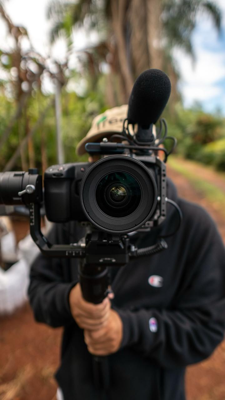 Atalaya Pictures founder on set with cinema camera and gimbal